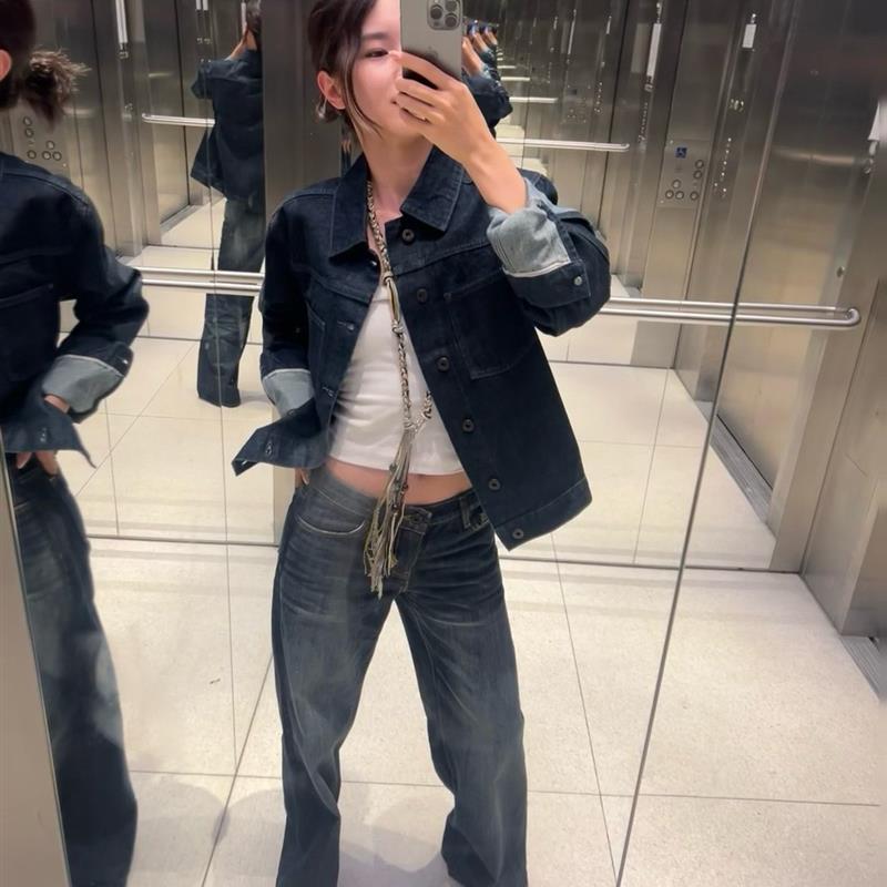 正货新款原牛显瘦显腿长005L复古深蓝低腰阔腿直筒长款牛仔裤女30