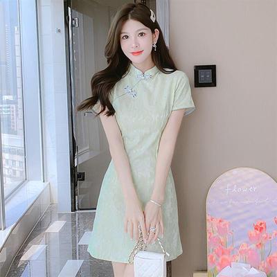 正品新中式裙子显瘦素雅旗袍改良年轻款少女小清新连衣裙小个