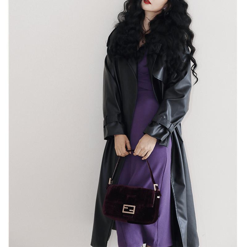 正货中长款过膝PU皮衣外套