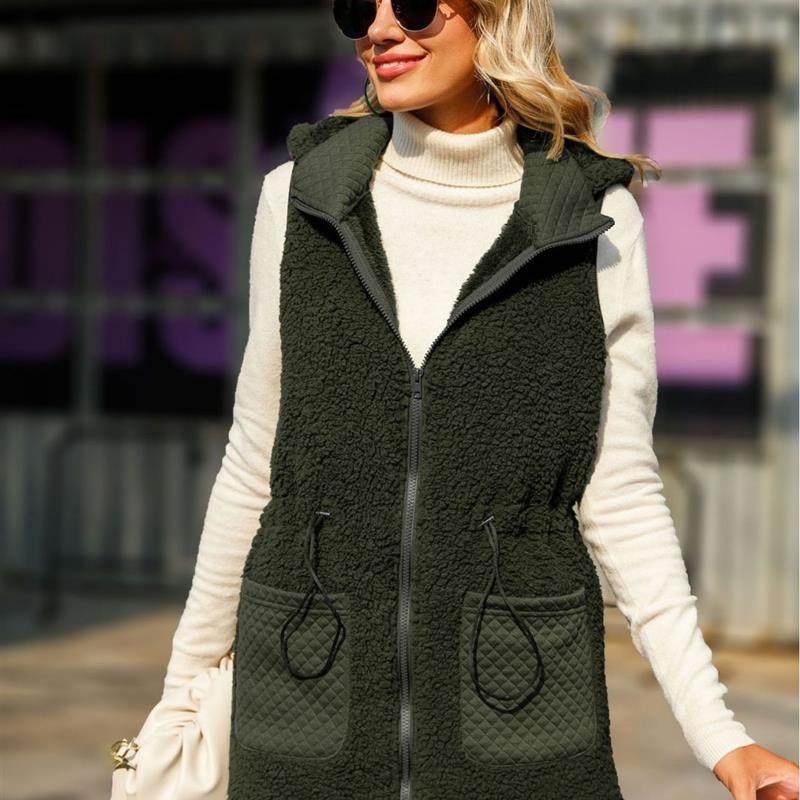 高货欧美秋装女款连帽无袖拉链中长款纯色可调节腰围泡泡绒马