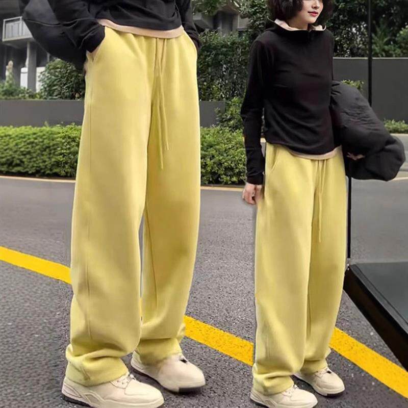 正货款裤子宽松慵懒高腰休闲裤加绒香蕉黄色早秋裤阔腿裤大码厚卫