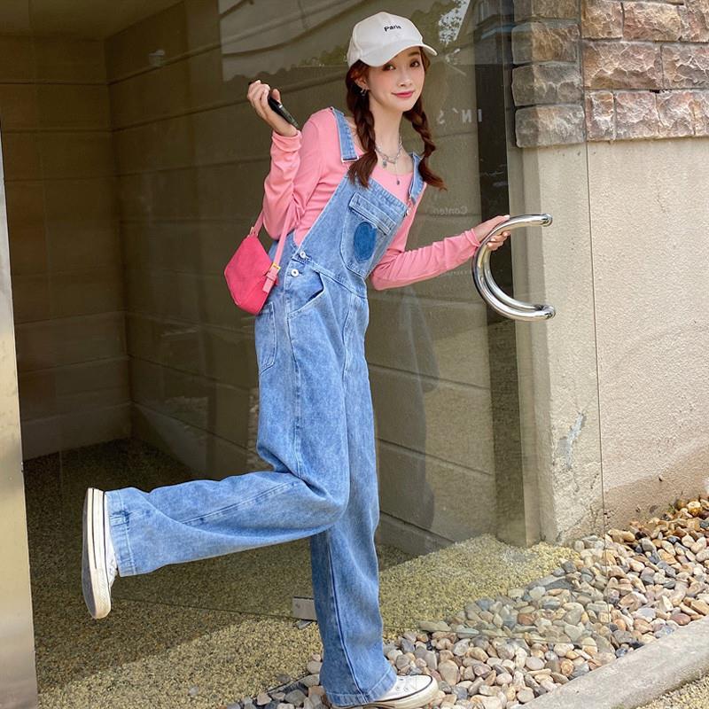 高货日系牛仔背带裤女秋季韩版宽松可爱小个子直筒阔腿百搭拖