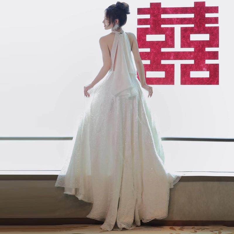 高货速发森系挂脖轻婚纱高级感晨袍出门纱气质显瘦亮片新娘结婚敬