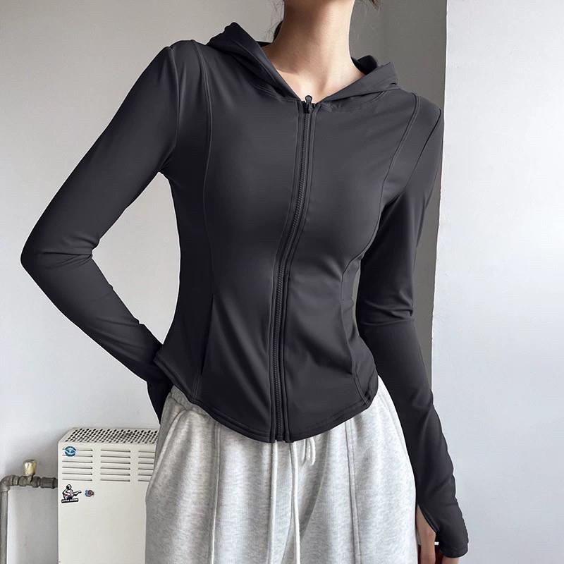 高货秋冬拉链连帽休闲亲肤瑜伽服长袖t恤女透气跑步运动服健