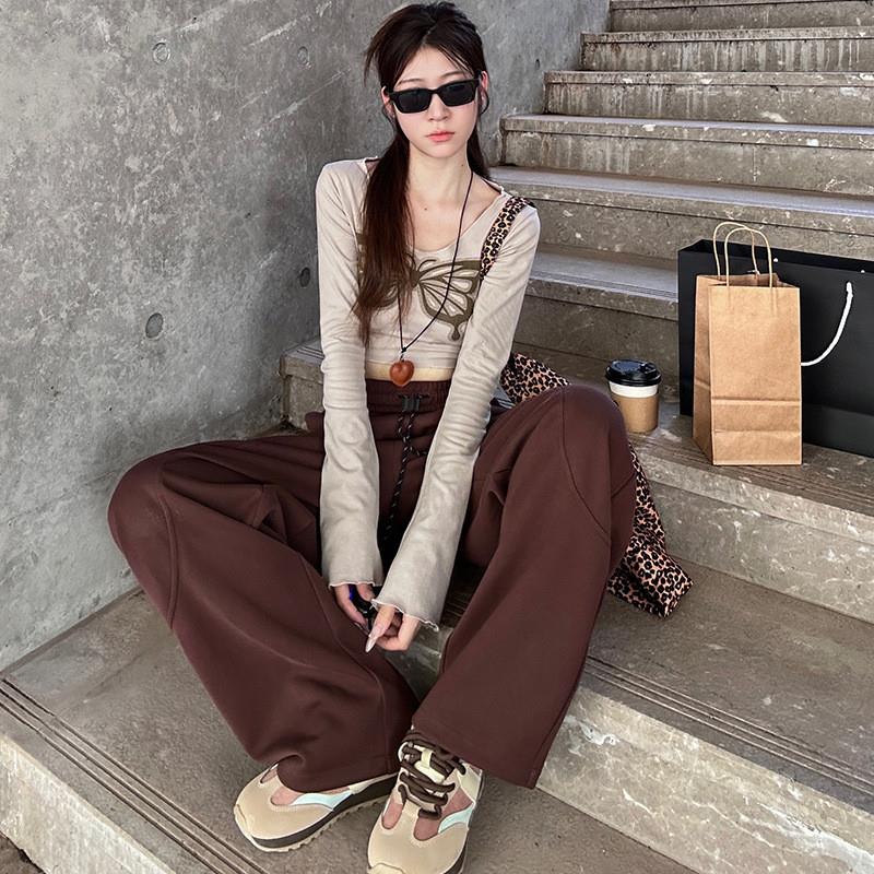 正货加绒弯刀裤女秋秋2025新款高腰显瘦休闲直筒卫裤宽松小个子运