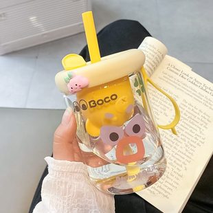 耐高温杯子家用网红咖啡杯带盖 水杯女生办公室吸管玻璃杯2024新款