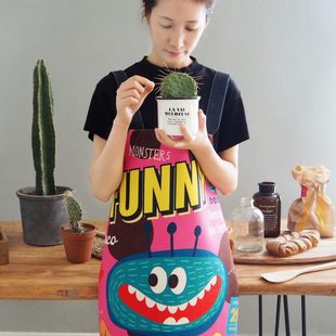 围围裙家居女卡通罩家用工作 布艺腰厨师厨房可爱小怪兽做饭衣时尚