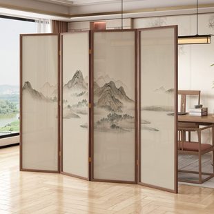 实木移动折叠屏风隔断办公室入口茶室会客厅群山环抱山水画 新中式