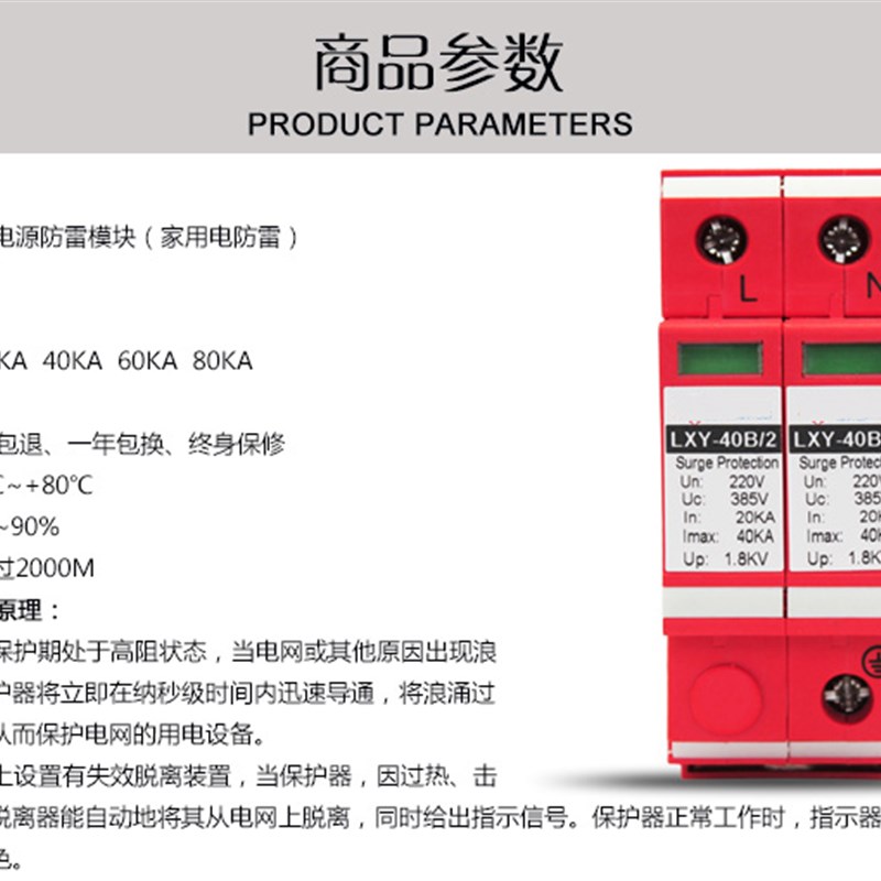 二三级2P单相220V电源防雷模块20/40/60KA机房家用浪涌保护避雷器