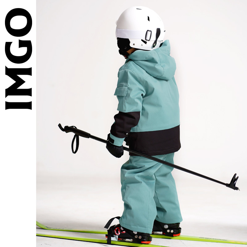 草绿色男女童透气防水滑雪服套装 儿童加绒三合一冲锋棉衣 滑雪裤