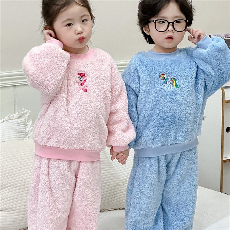 儿童法兰绒睡衣秋冬男童圆领套头珊瑚绒套装女宝宝恒温保暖家居服