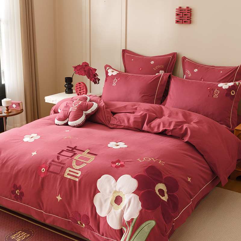 现代风婚庆大红刺绣140支加厚贡缎长绒棉四件套床品高端纯棉