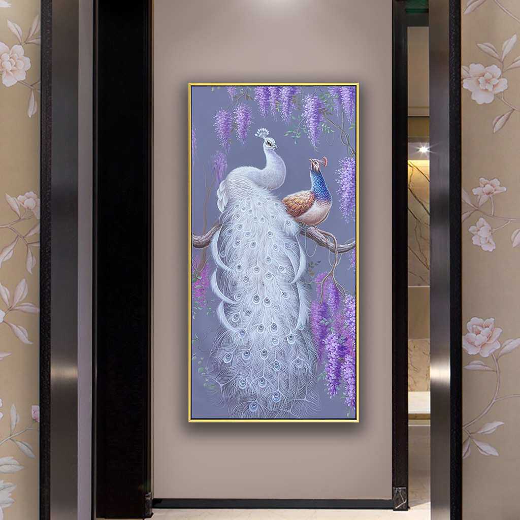 新中式手绘孔雀油画玄关装饰画客厅挂画美式过道竖版高端入户壁画