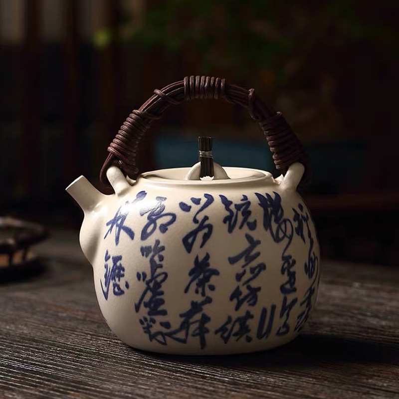 梵山堂苏打釉白泥陶壶青花诗文凝白汤沸提梁壶可养开片煮茶壶茶具
