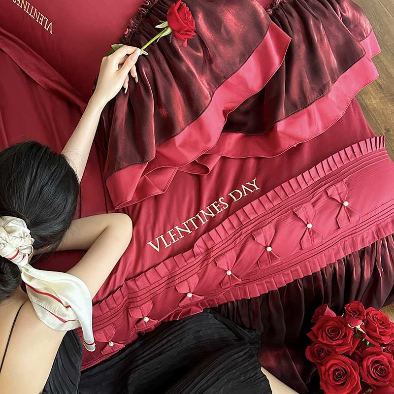 浪漫婚庆四件套100长绒棉纯棉1.8床套件琉璃纱大宽边结婚送人床品