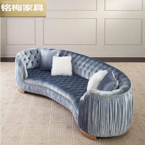 后现代墨绿色轻奢工作室样板房家具美式复古弧形丝绒褶皱休闲沙发