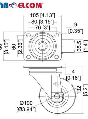 Penn Elcom轮子W9008-V6 万向箱轮4寸重型脚轮金属轮子橡胶辊轮重