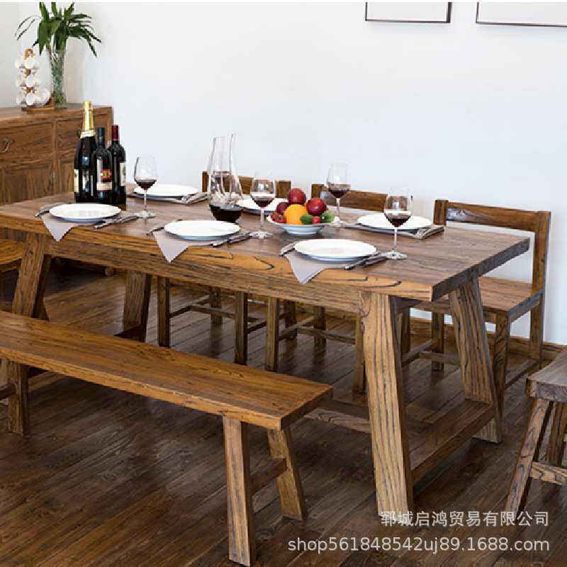 老榆木餐桌实木美式现代简约家具4人6人长方形茶饭桌子