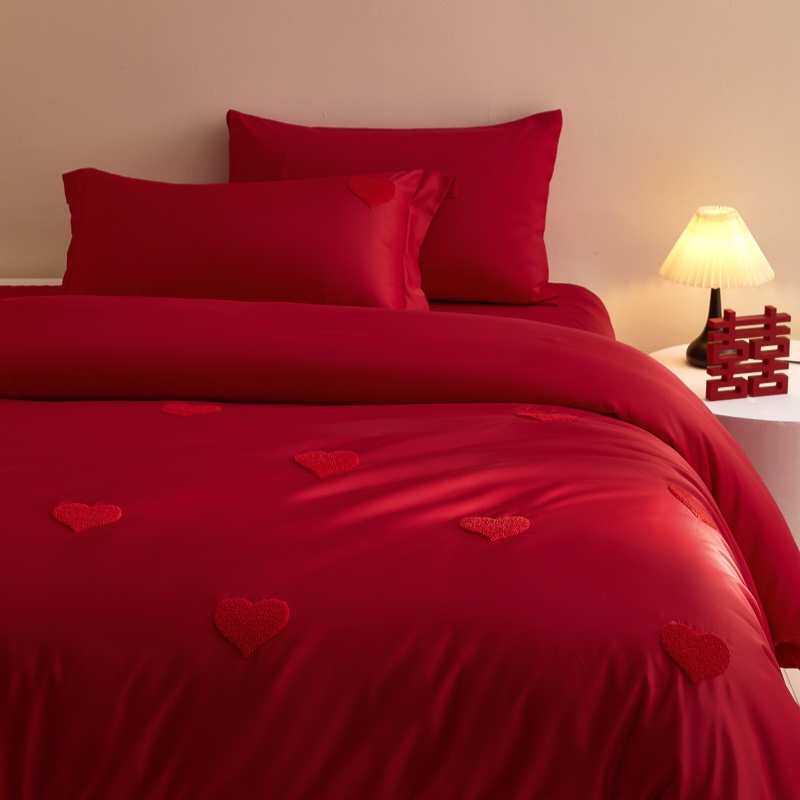 中式爱心结婚四件套大红色床单被套轻奢高档婚庆床上用品婚房喜被