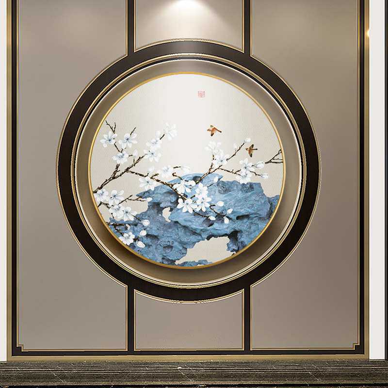 新中式圆形装饰画巨幅大气玄关挂画石头壁画时来运转样板房墙画