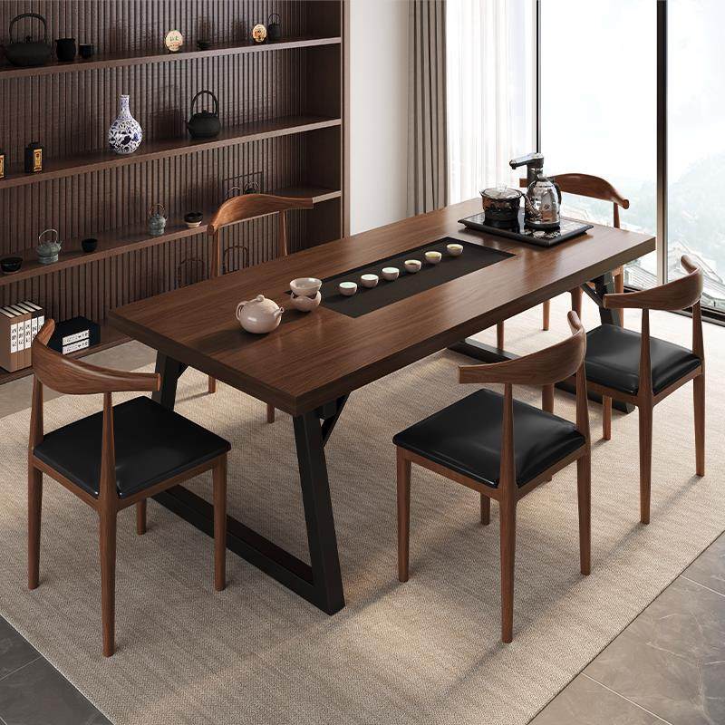 新中式茶桌椅组合嵌入式石茶盘一体仿实木色茶桌茶几办公室泡茶台