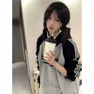 学院风三条杠连帽卫衣女大童秋冬季初中高中学生宽松加绒长袖上衣