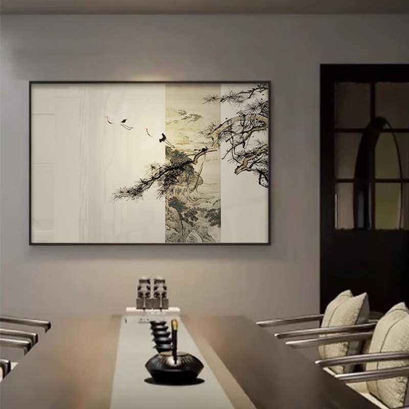 梅竹松鹤山水客厅背景画新中式书房茶室装饰画民宿酒店软装壁画
