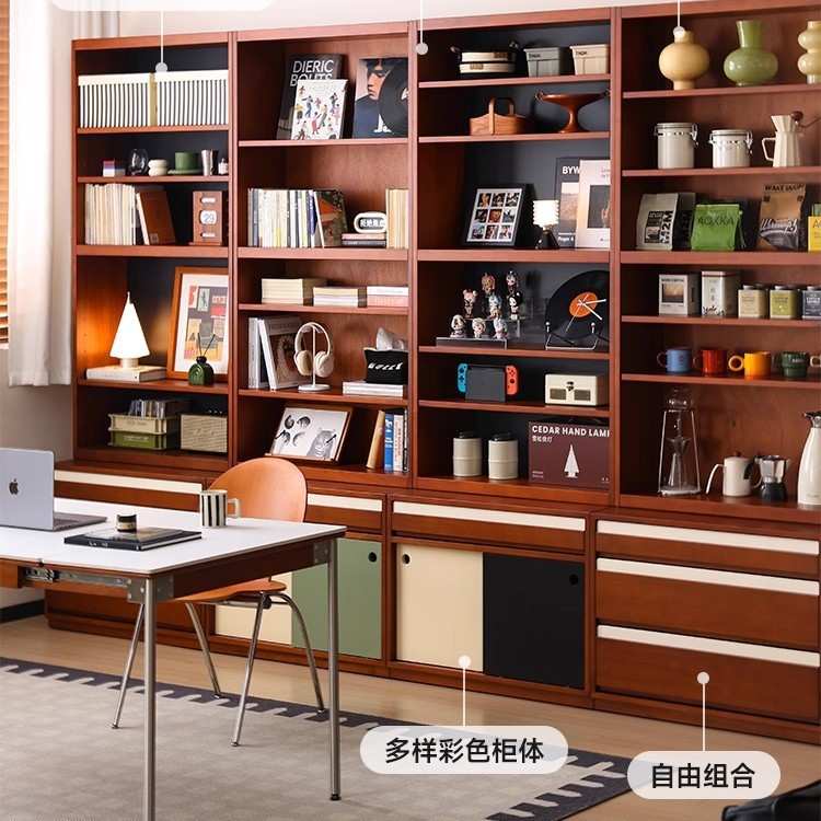北欧实木书柜 家用落地靠墙展示置物柜书房复古高柜满墙书柜组合