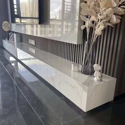 现代简约全岩板电视柜 圆弧角地柜 岩板地台带实木抽屉 悬空吊柜