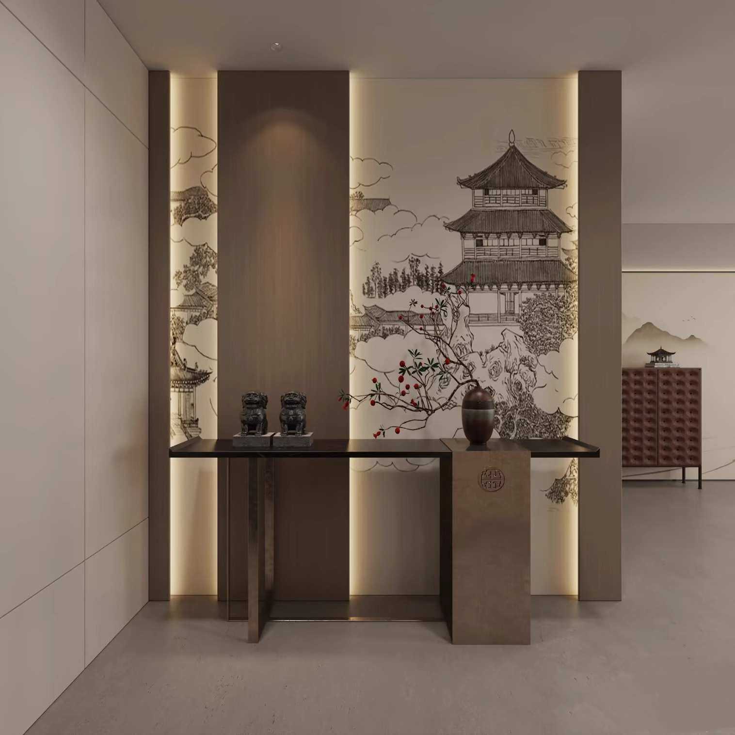 宋式美学复古玄关条案入户玄关桌新中式入户端景台简约实木玄关窄