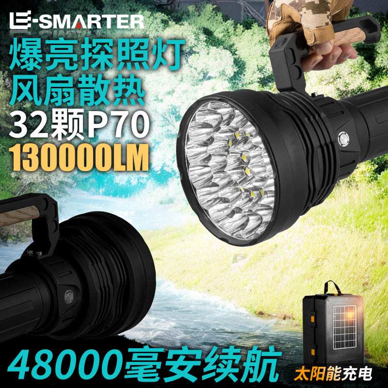 跨境巨亮风扇散热手提灯32*P70六档高流明户外露营探险工作手提灯