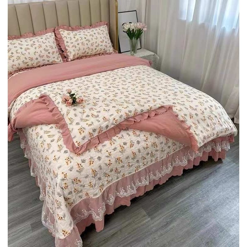 夹棉床盖三件套水洗棉被套四件套小竹棉防滑床罩公主风床裙床上用