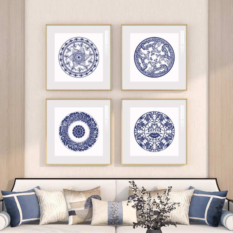 青釉新中式客厅装饰画蓝色青花瓷玄关挂画中国风简约餐厅壁画花纹图片
