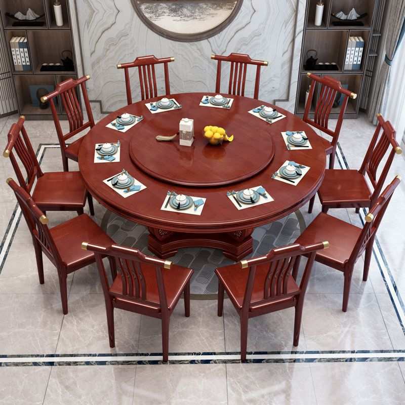 现代中式实木餐桌椅组合家用圆桌带转盘圆形电磁炉饭桌饭店大圆桌
