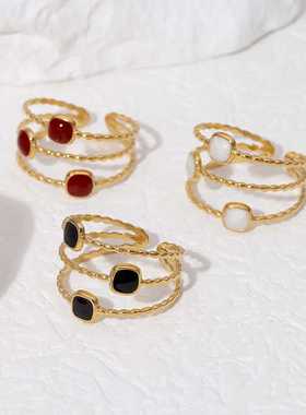 跨境不锈钢几何开口戒指滴油镀18K金不掉色简约设计感钛钢戒指女