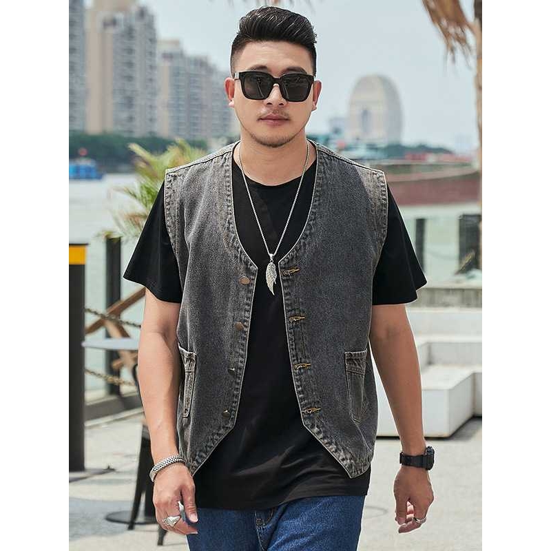 大码男装胖子牛仔背心加肥加大无袖上衣肥佬韩版马甲机车坎肩上装