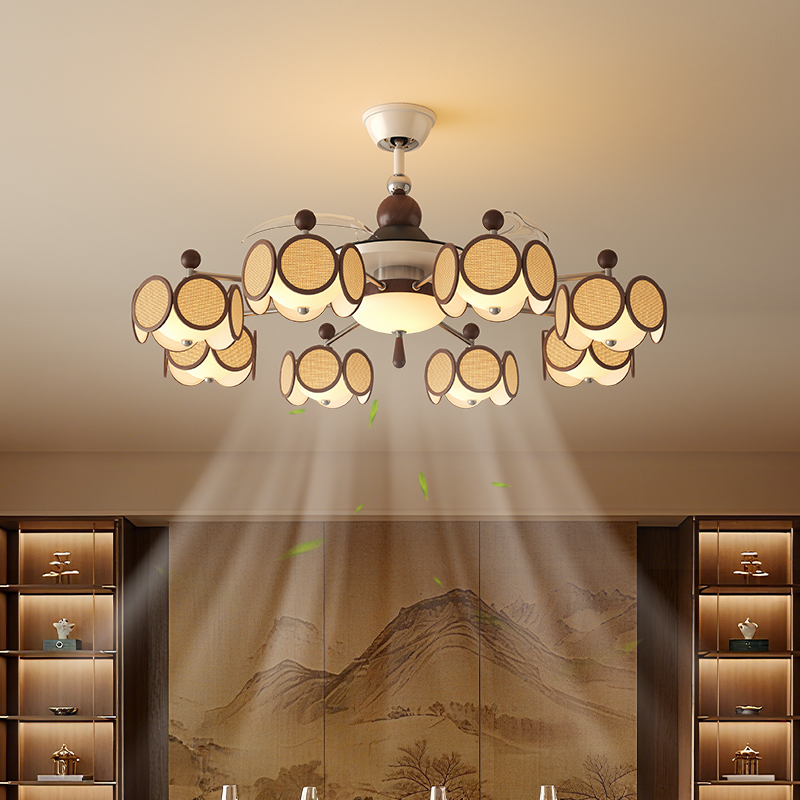 宋式美学客厅吊灯新中式中古风胡桃色布艺设计师款餐厅隐形风扇灯