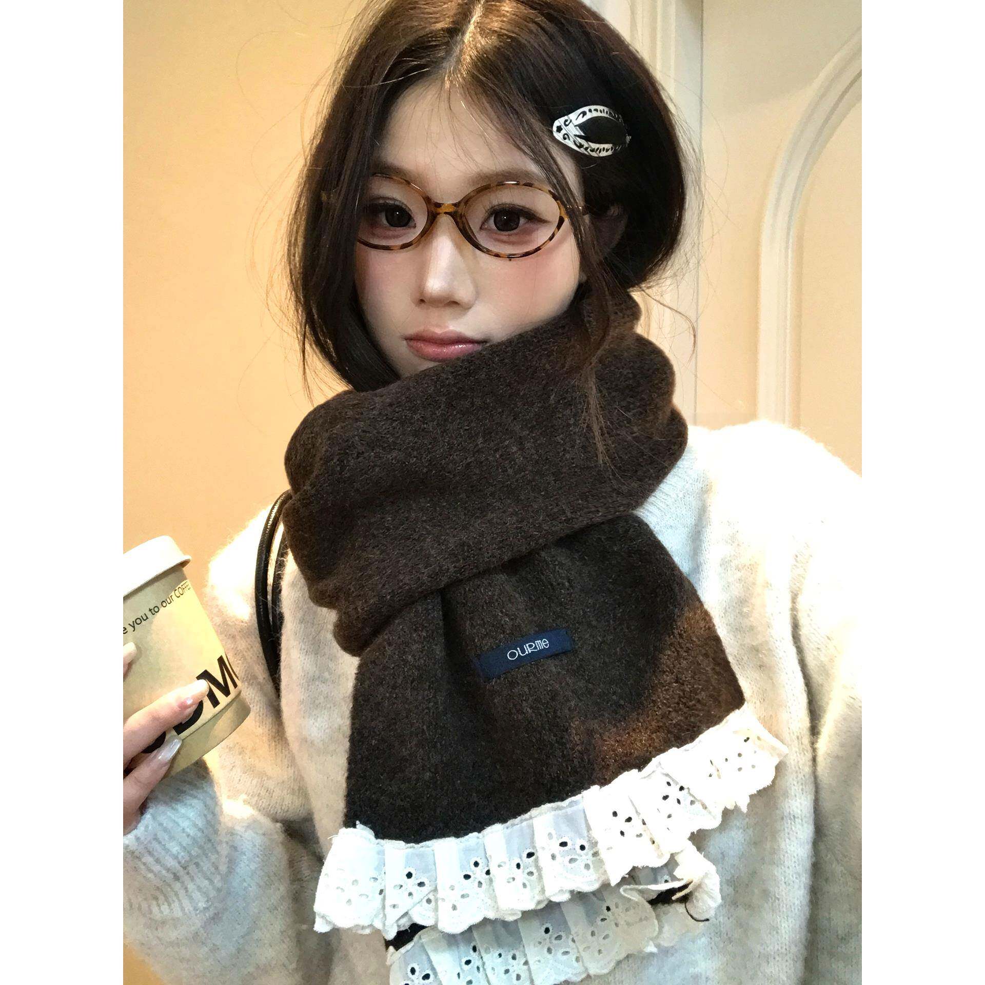 蕾丝花边咖色针织围巾女冬季学院风加厚保暖防寒毛线围脖2025新款