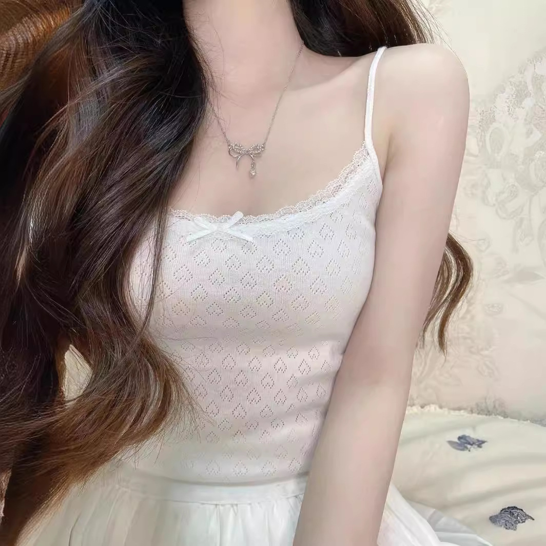 BM风美式短款上衣夏爱心刺绣纯色蕾丝拼接修身紧身针织吊带背心女