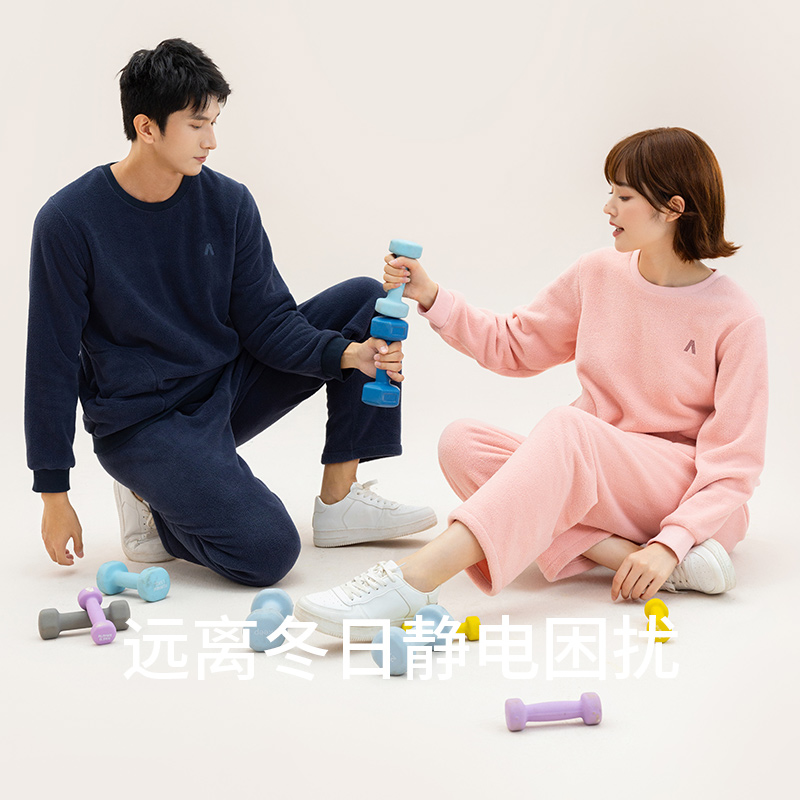 秋鹿珊瑚绒情侣家居服秋冬加厚加绒圆领套头睡衣秋季女款2023新款