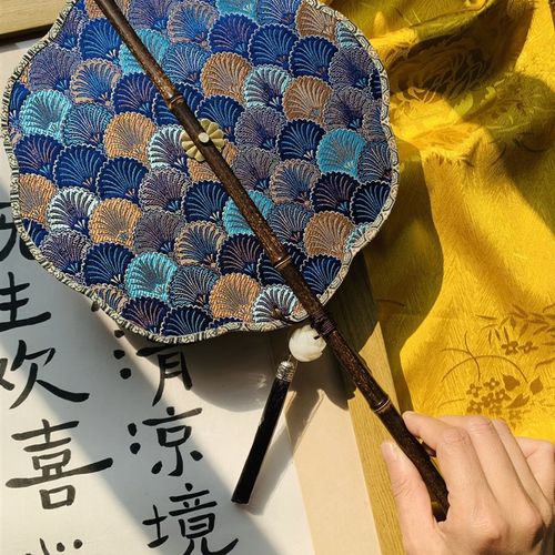荷塘月韵 紫竹长款 可卷可折叠古风腰扇 国风礼品