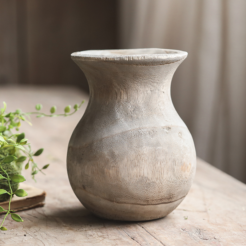 原木风圆肚花瓶手工泡桐木实木侘寂风摆件民宿装饰品复古木制摆设