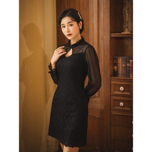 固执春季新款复古短款改良旗袍蕾丝拼接连衣裙女00021QP07017