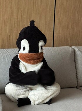 企鹅睡衣卡通动物分体两件套亲子儿童加厚套装男女童中大保暖连帽