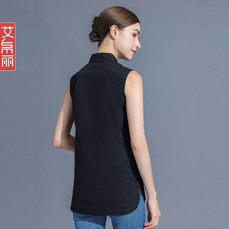 纯棉无袖衬衫女内搭秋冬款中长款叠穿大码白背心衬衣黑色衬衫上衣