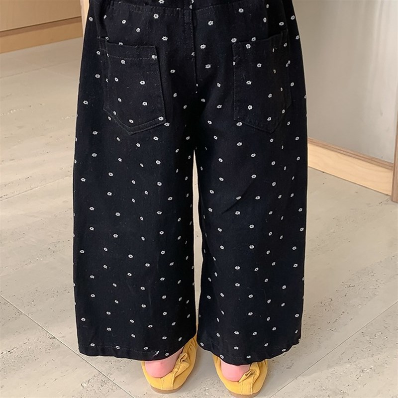女童牛仔裤春季新款女宝宝宽松直筒长裤百搭儿童满印小花阔腿裤韩