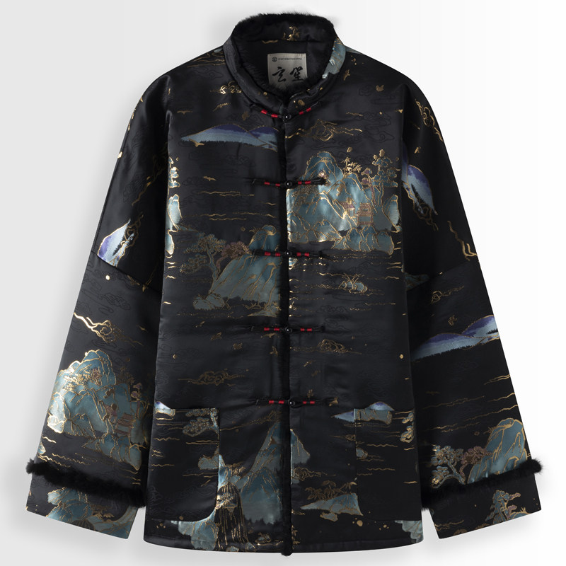 冬季唐装男中国风夹棉加厚水貂领山水织金提花棉服男中式盘扣棉衣,男装,唐装,淘宝优惠券,粉丝福利购,淘宝优惠卷