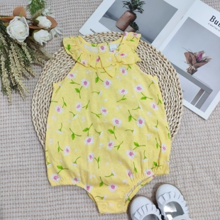 外贸女童黄色碎花荷叶边连体衣爬服短袖哈衣+包屁裤0-2岁夏季休闲
