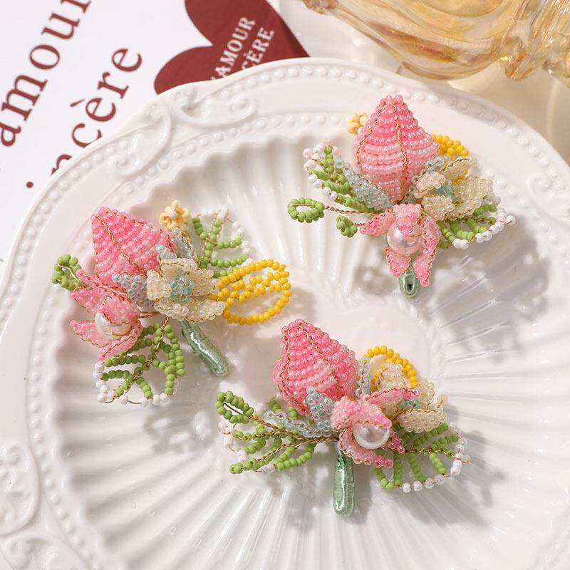 夏日田野风小花珍珠草莓花枝diy编织串珠发夹发饰女耳饰材料