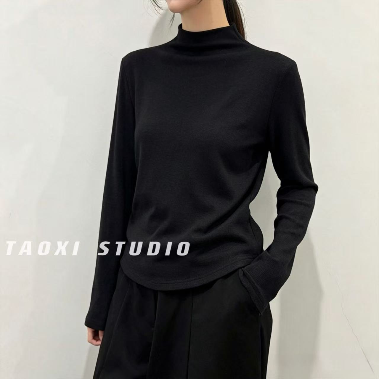 大版落肩半高领打底衫女微胖藏肉弹力软糯修饰脖颈百搭长袖T恤